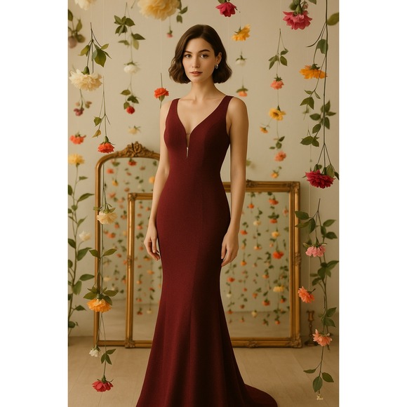 EverPretty Burgundy V-Neck Shimmer Maxi Dress Bridesmaid NWT Size 8 - Picture 1 of 9